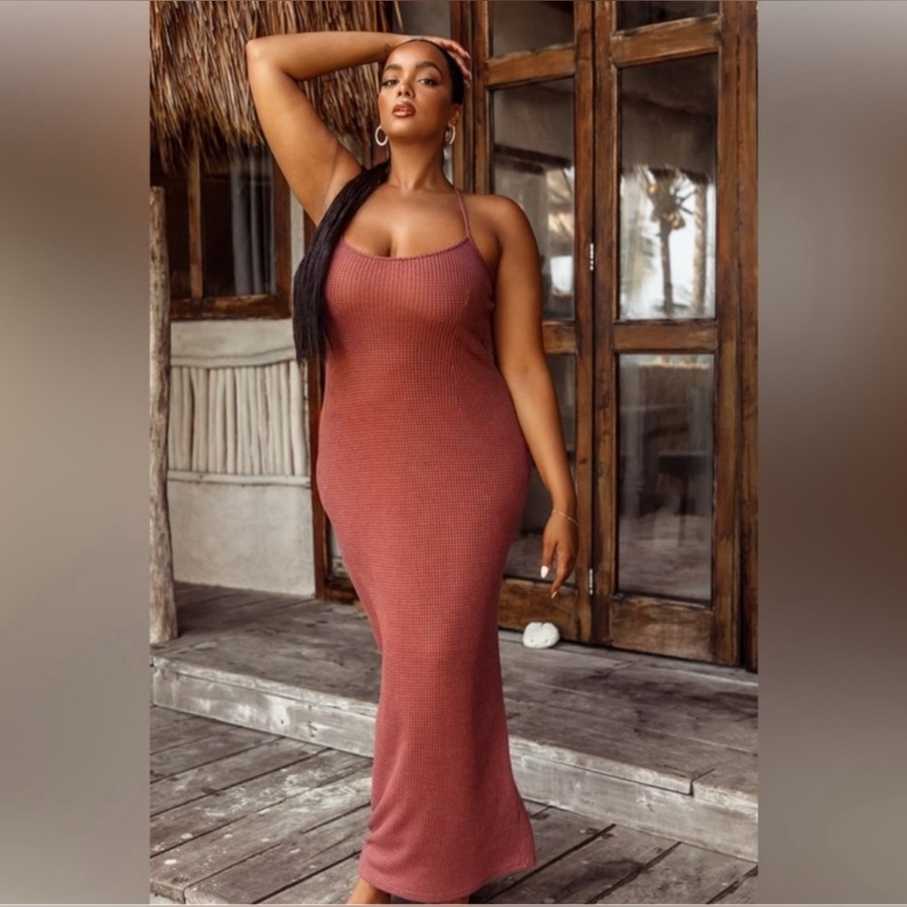 PrettyLittleThing Plus Rose Waffle Knit Maxi Beach Dress US Size 14